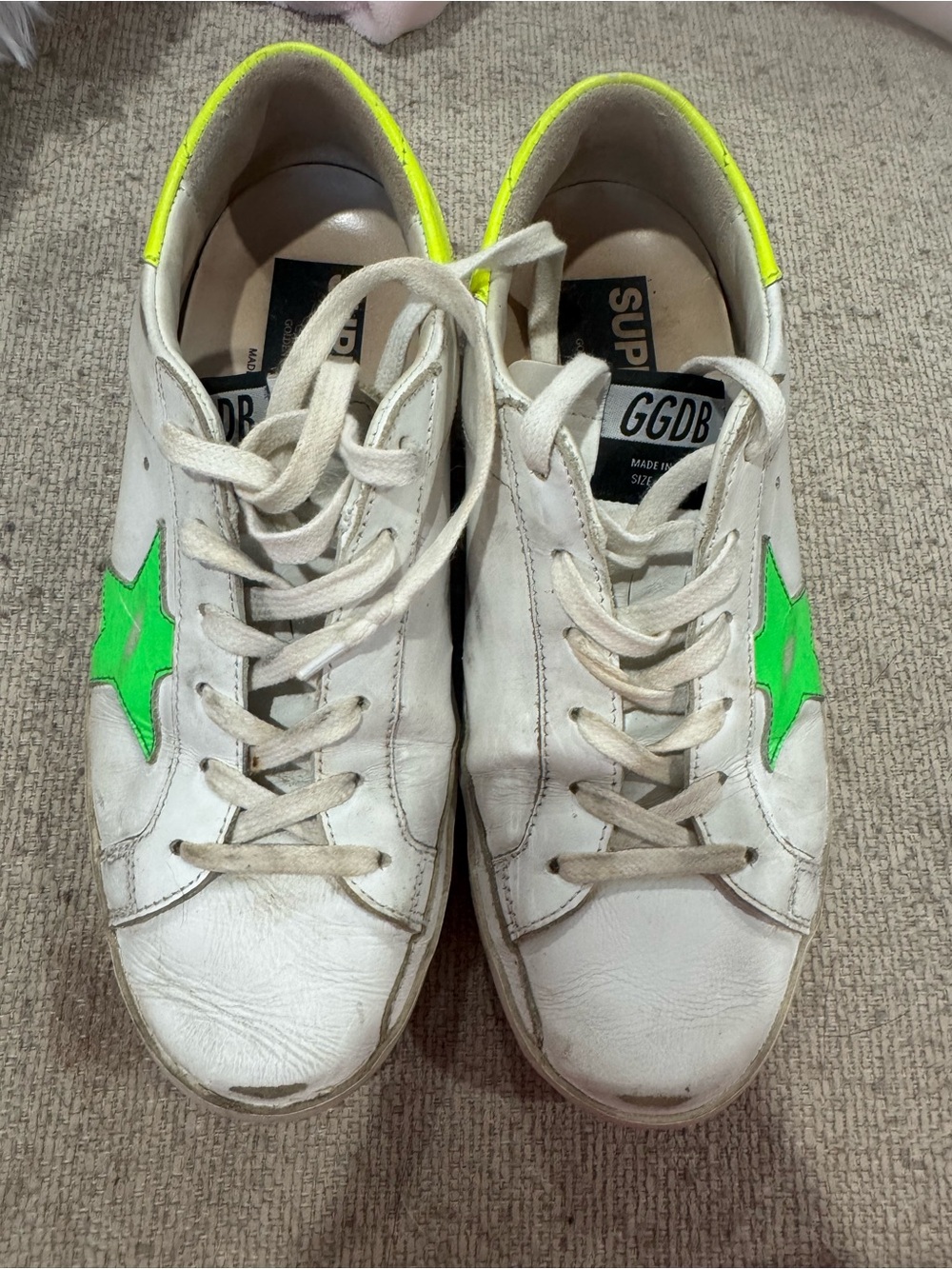 Golden Goose White Sneakers with Neon Green Star and Yellow Heel Tab